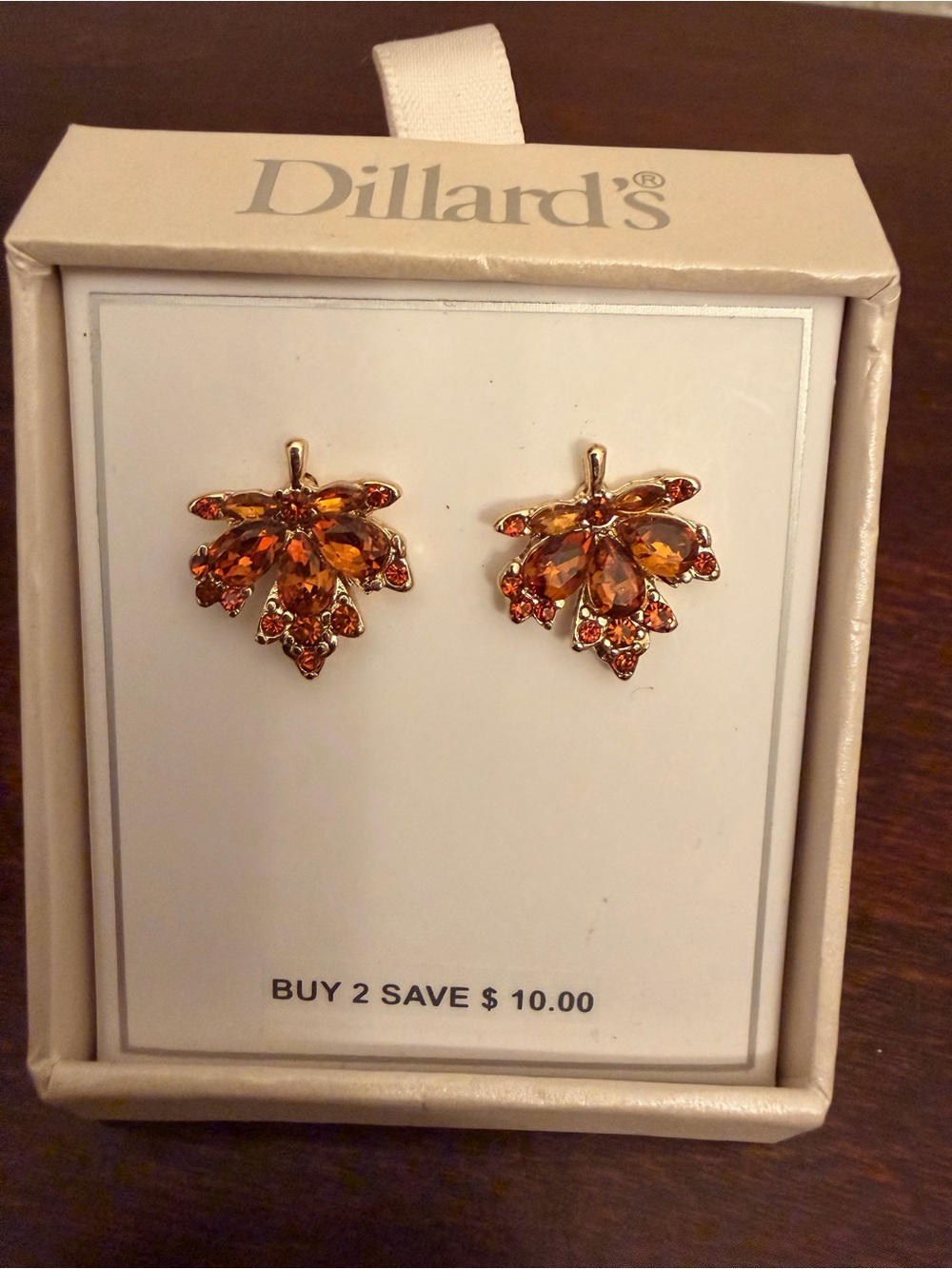 Vintage Dillard’s Gold Tone Earrings Leaf Design Embellished w/Amber Rhinestones